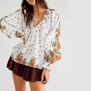 Kinga Csilla Mama Floral Botanical White Linen Blend Poet Blouse Ruffle Details